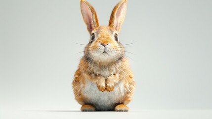 Generate a photo of a cute bunny looking at the camera with a curious expression on its face. The bunny should be sitting on a white background and have realistic fur and details.