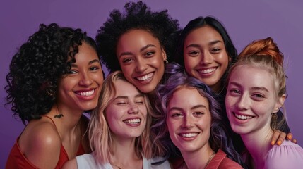 Obraz premium A group of diverse, multi-racial and multi-ethnic female colleagues smiling for Women's Equality Day photo shoot, International Women's Day photo shoot