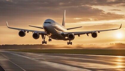 Jetliner Takes Off from the Airport Runway Against the Backdrop of a Stunning Sunrise or Dawn Sky. Landing Gear Down in Preparation for Takeoff, Embarking on a New Journey into the Daylight.
