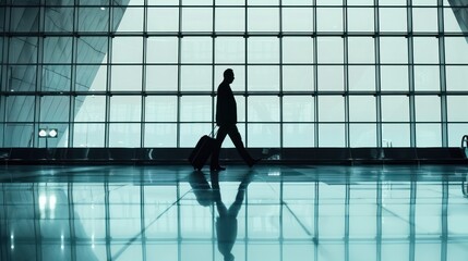 A businessman in a suit walking through an airport terminal with a rolling suitcase. 