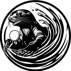 a black and white image of a otter in a circle