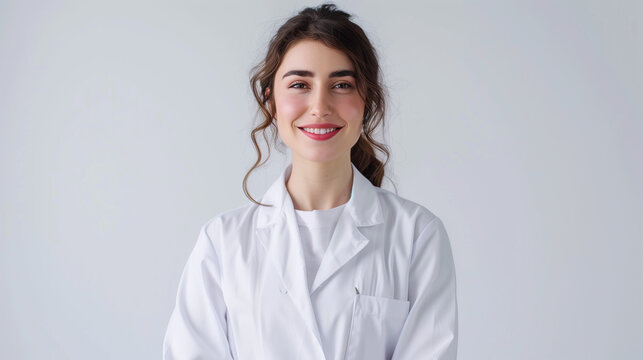 arafed woman in a white lab coat posing for a picture