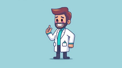famous doctor presenting something with his hand flat vector illustration on light blue background, detailed character illustrations.