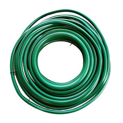 Green garden hose, coiled up on a black background