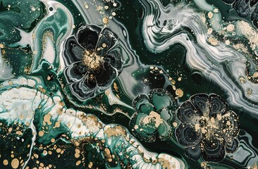 Enchanting Floral Ink Pattern with Glitter Accents - Dark Green and White Botanical Abstract Art
