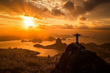 Sun setting behind Christ the Redeemer, Rio, view of Aerial of Christ at sunset, Ai generated