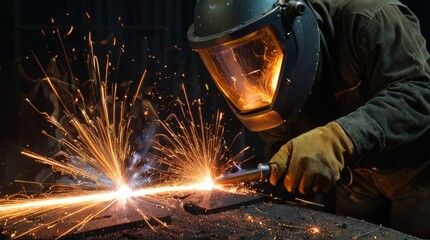 An industrial welder bathed in bright light fuses pieces of steel with a fiery torch, glowing sparks