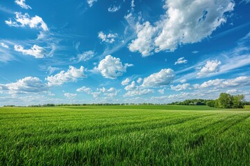 Obraz premium Vibrant Farmland Landscape with Green Fields, Blue Skies and Puffy Clouds - A Serene Summer