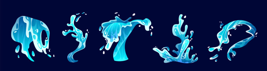 Set of water wave splashes isolated on background. Vector cartoon illustration of blue sea, ocean liquid spill with drops, surfing motion effect, fountain stream, swimming adventure design elements