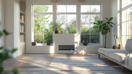 High-resolution 3D rendering of a minimalist living room with a low-profile, elegant fireplace and clean Scandinavian design under bright, clear daylight.