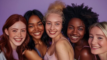 Obraz premium A group of diverse, multi-racial and multi-ethnic female colleagues smiling for Women's Equality Day photo shoot, International Women's Day photo shoot