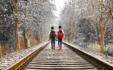 children's walking on the railway