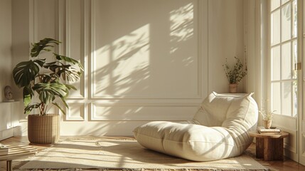 High-resolution 3D rendering of a minimalist living room featuring clean lines, a soft white color palette, and morning sunshine casting gentle shadows.