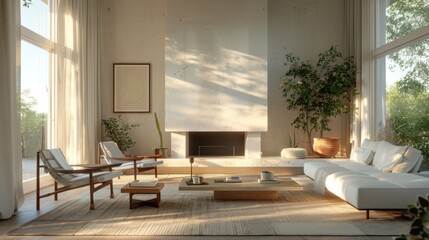 High-resolution 3D rendering of a minimalist living room featuring a white stone fireplace, complemented by Scandinavian furnishings under soft, morning light.