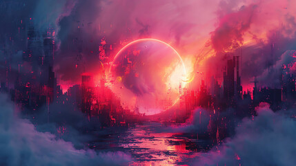 Fototapeta premium A cityscape with a large red circle in the middle