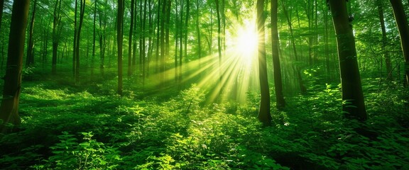Captivating Rays of Sunlight Filtering Through the Verdant Canopy of a Green Forest, Illuminating the Serene Beauty of the Woodland.
