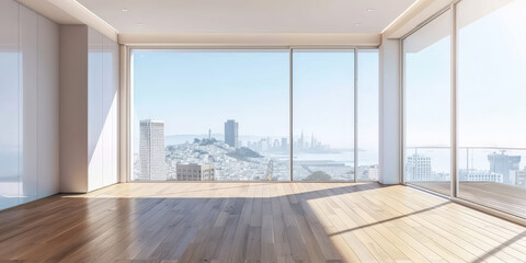 empty room with large windows on  cityscape background