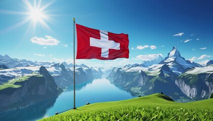 Swiss flag and mountain range on a sunny summer day with blue sky and clouds. Confederation Day is a national holiday in Switzerland