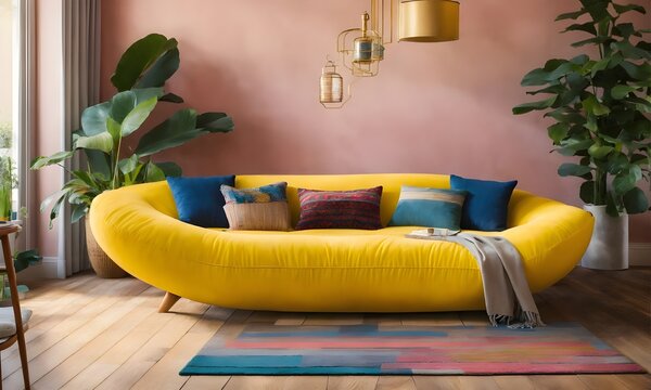 A vibrant yellow banana-shaped couch sits in a coz (1).jpg