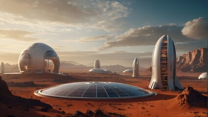 This image depicts a futuristic Mars colony with domed habitats and solar panels, suggesting advanced extraterrestrial human settlement in a desert landscape.

