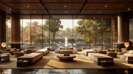 High-resolution 3D rendering of a luxury meeting room with plush seating, artistic light fixtures, and floor-to-ceiling windows that overlook a serene garden.