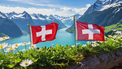 Swiss flag and mountain range on a sunny summer day with blue sky and clouds. Confederation Day is a national holiday in Switzerland