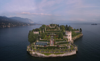 Lake Maggiore, island, Isola Bella, Italy. Aerial view of the island, Isola Bella. Panorama at...