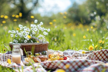 Serene Summer Picnic Set Up in a Blossoming Meadow During the Daytime