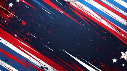 Red, white and blue background with diagonal stripes of red and white, stars on the right side and blue lines on the left side.