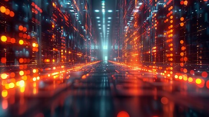 Fototapeta premium A high-tech trading floor visualized as a 3D grid with glowing lines of stock market data flowing across it, symbolizing the fast-paced financial transactions. Generative AI.