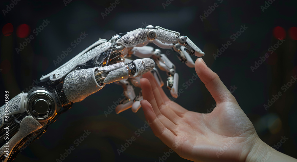 Poster Hand of robot and human nearly touch on black studio. Generative AI.