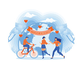 World Health Day concept with people exercising healthy lifestyle. a person doing yoga, jogging, and cycling. flat vector modern illustration