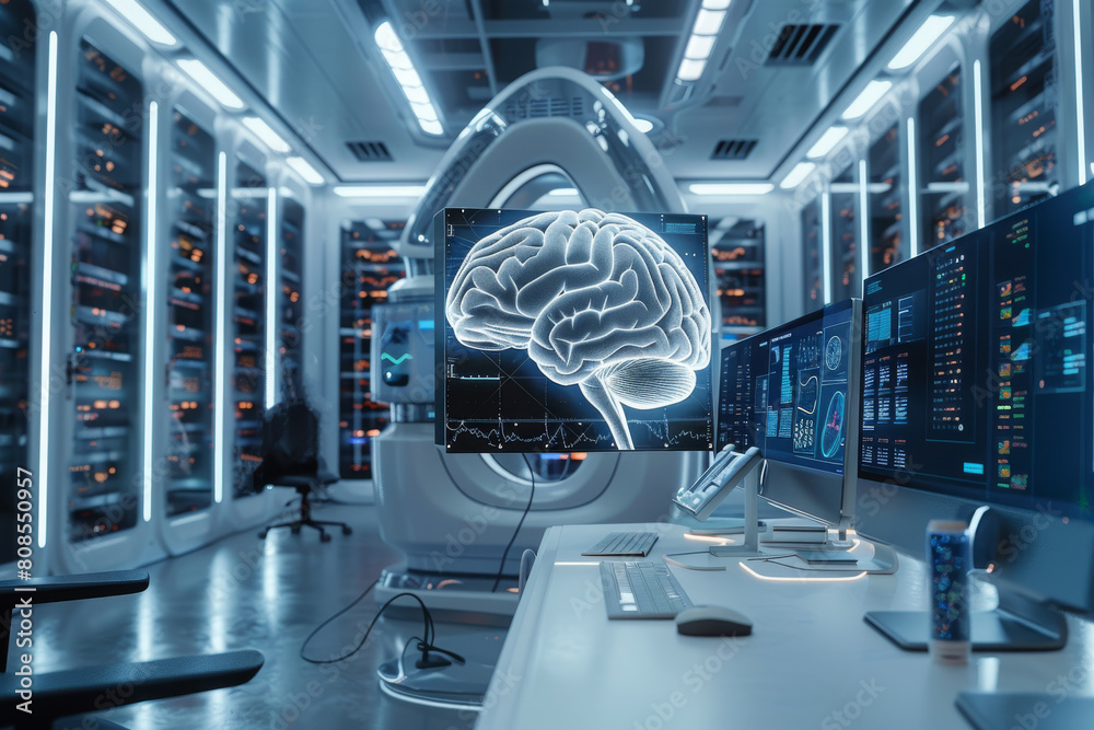 Aufkleber modern brain study laboratory and monitors, brain model functioning. futuristic holographic interfac
