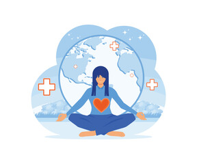 Women celebrate World Health Day with yoga. flat vector modern illustration