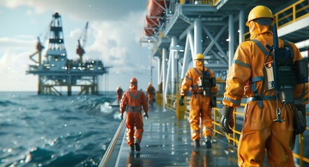 safety drill in progress on an offshore oil rig, with workers in action wearing protective equipment