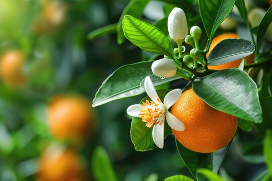 Neroli Blossom on Green and Orange Tree Leaves. Fresh and Bright Essential Oil with Sweet
