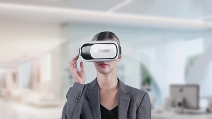 Woman pressing start opening VR analyzed financial business at office transforming to global market...