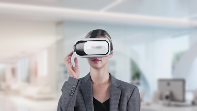 Woman pressing start opening VR analyzed financial business at office transforming to global market server room interface digital infographic network technology virtual 3d meta animation. Contraption.