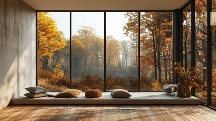 High-resolution 3D image of a minimalist Scandinavian-style room with a black window providing a scenic forest panorama during autumn.