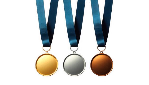 Set of gold, silver, and bronze medals on blue ribbons, ideal for award ceremonies and competitions. Useful for sports, academic, corporate rewards or environmental awareness events, ample copy space 