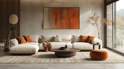 High-resolution 3D image of a minimalist living room with an autumnal mood, showcasing earth tones, simple lines, and a focus on comfort.