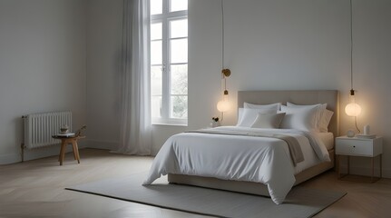 A white room with a white bed and a white towel.genreative.ai