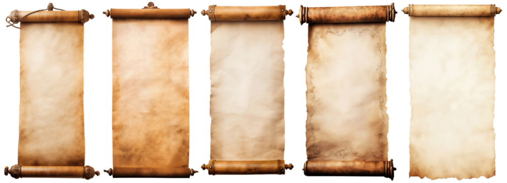 collection set old parchment paper scroll vintage aged or texture isolated on transparency background.
