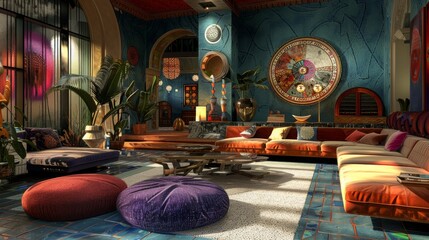 High-resolution 3D image of a living room reflecting a fusion style, blending elements from various cultures and periods for a unique look.