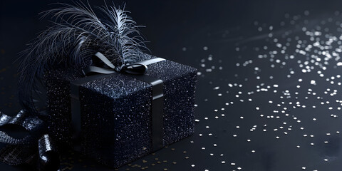Black ribbon tied luxury gift box on dark background.
