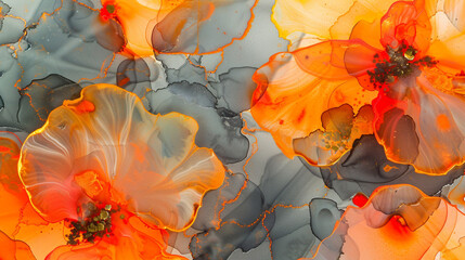 Neon Orange and Cool Grey Alcohol Ink Art, High-Gloss Marble Texture.