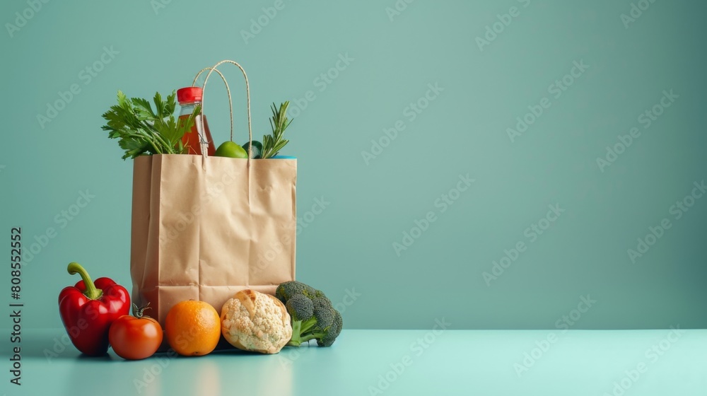 Wall mural paper bag with groceries, empty background.