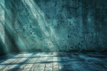 Serenity in an antique cyan grunge room, illuminated subtly by retro sun rays.