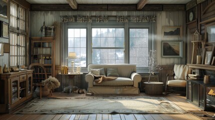 Detailed 3D rendering of a farmhouse style living room, showcasing rustic furniture, vintage accessories, and a warm, inviting atmosphere.