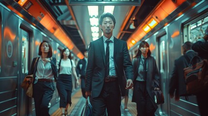 Fototapeta premium Serious looking businessman in a suit standing in a metro carriage